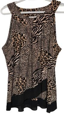 Shannon Ford New York Women's Black Brown Animal Print Overlay Tank Top Size XL